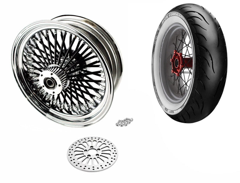 DNA Specialty 16 X 5.5 52 Fat Spoke Rear Wheel Chrome Rim Black Spokes Whitewall Tire Package