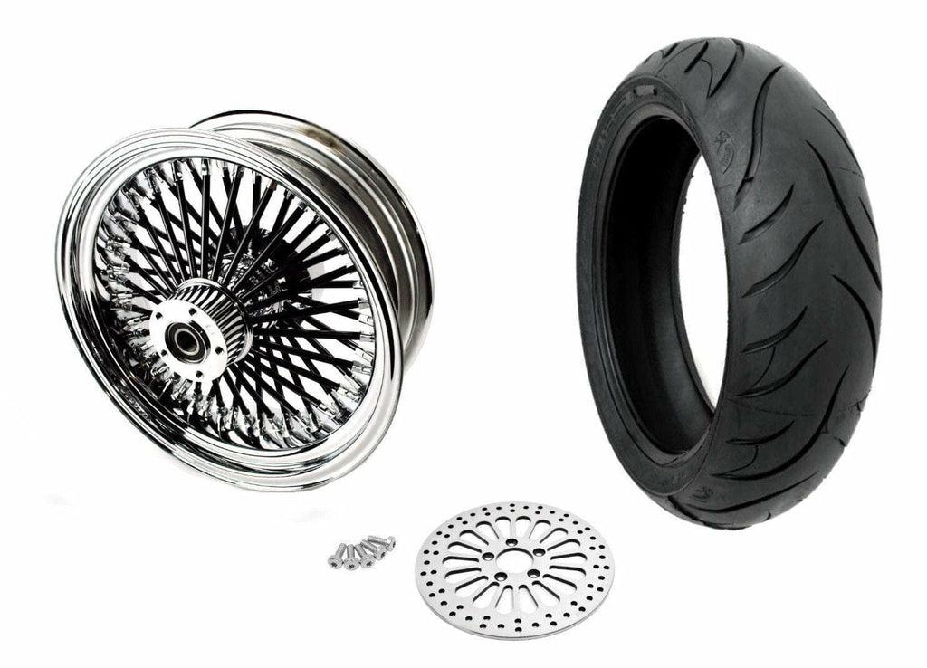 DNA Specialty Wheels & Tire Packages 16 X 5.5 Black Chrome 52 Fat Mammoth Spoke Rear Wheel Rim Tire Harley Touring BW