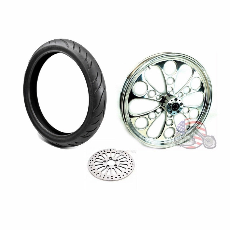 Ultima Polished Kool Kat 23 x 3.5 Billet Front Wheel Rim BW Tire Package Harley Touring