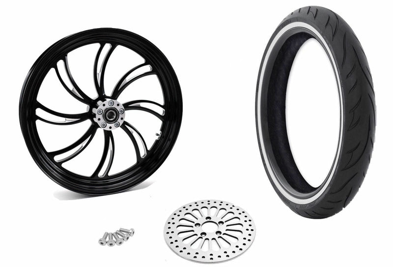 Ultima Wheel Package Black Vortex 21" 3.5" Billet Front Wheel Rim WWW Tire Package Harley 08+ Custom
