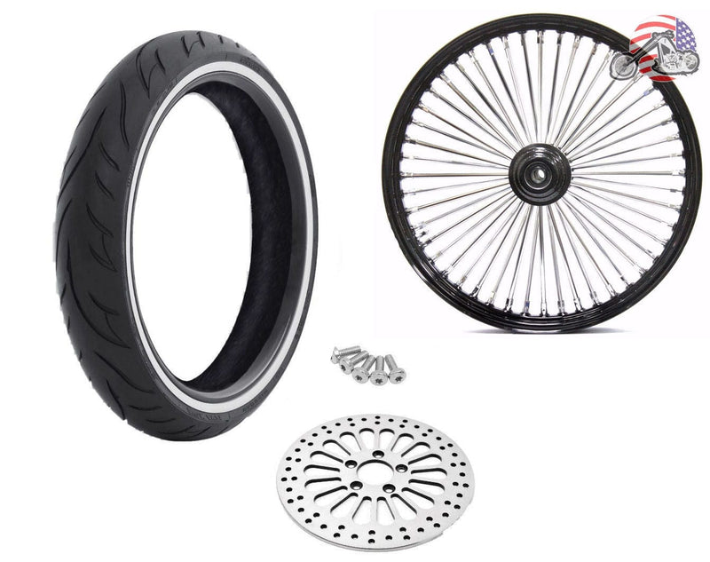 Ultima Wheels & Rims 21 x 3.5 48 Fat King Spoke Front Wheel Black WWW Tire Package Harley 08+ NON-ABS