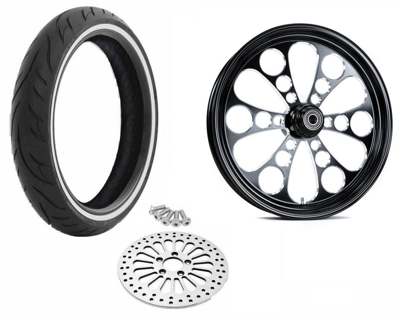 Ultima Wheels & Tire Packages Black Kool Kat 21 3.5 Billet Mag Front Wheel Rim WW Tire Package Harley Single