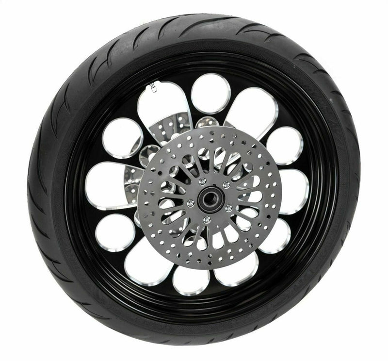 Ultima Wheels & Tire Packages Ultima Kool Kat Black 23 x 3.5 Front Wheel Rim BW Tire Package DD Harley 84-07