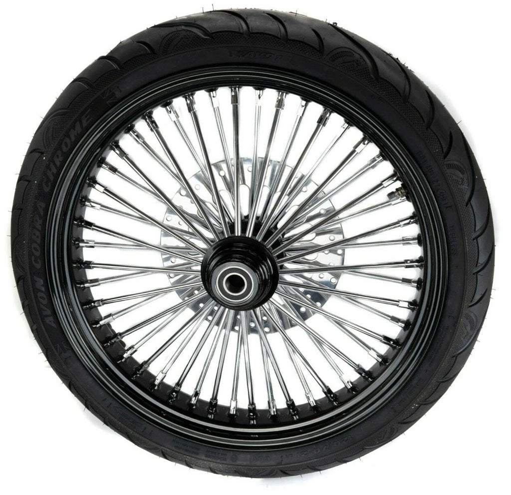 American Classic Motors Wheels & Tire Packages 21 3.5 Black Rim 46 Fat King Spoke Front Wheel Package BW Single Disc Harley 08+