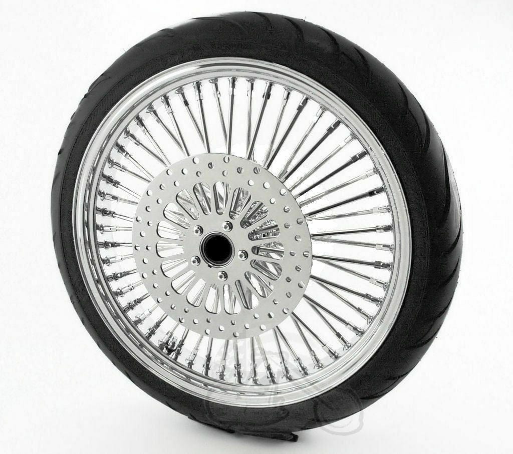 American Classic Motors Wheels & Tire Packages 21 3.5 Chrome 46 Fat Spoke Front Blackwall Wheel Tire Package Harley Single Disc