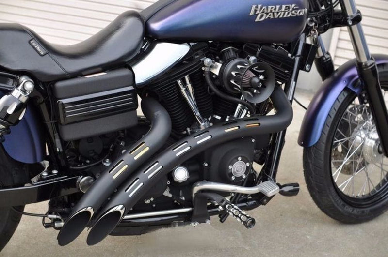 Bassani Manufacturing Exhaust Systems Bassani Chrome & Black Radial Sweepers Exhaust Pipes w/ Holes Heatshields Harley