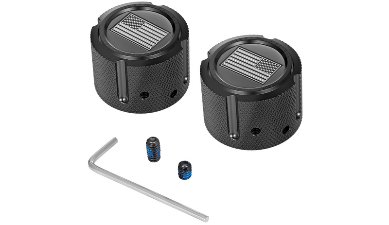 Figurati Designs Front Axle Nut Cover PVD Black American Flag Logo Gray Pair Set Harley 25mm