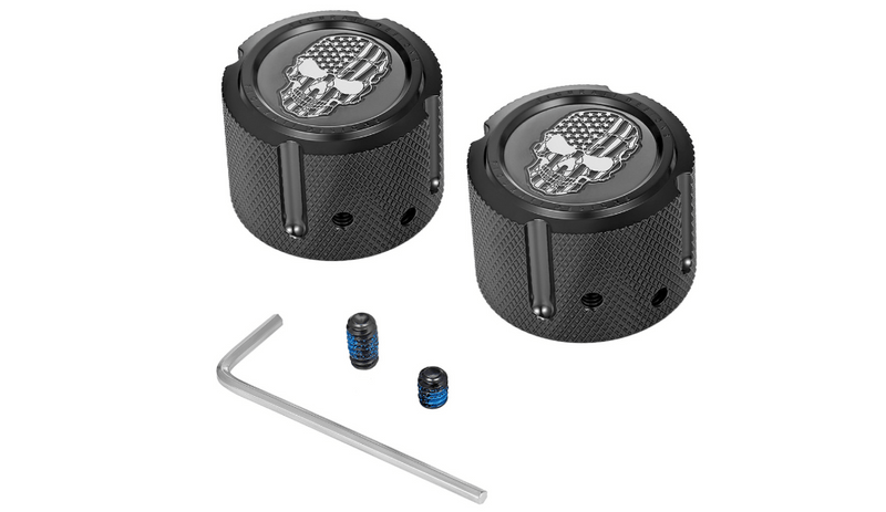 Figurati Designs Front Axle Nut Cover PVD Black American Flag Skull Gray Pair Set Harley 25mm