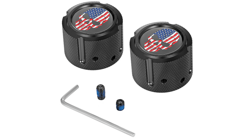 Figurati Designs Front Axle Nut Cover PVD Black Red/White/Blue Skull Pair Set Harley 25mm