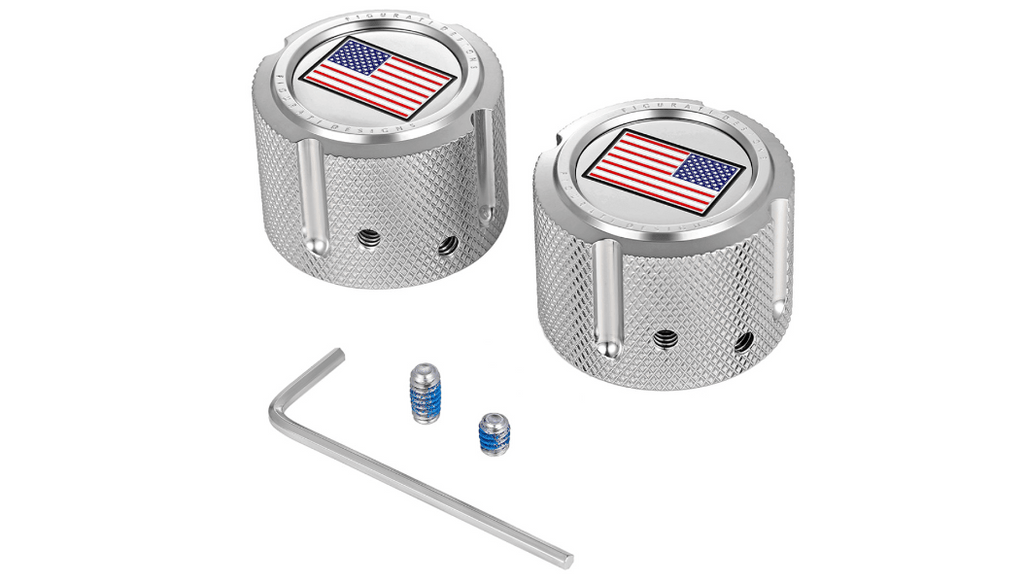 Figurati Designs Front Axle Nut Cover Stainless Steel American Flag Logo Pair Set Harley 25mm