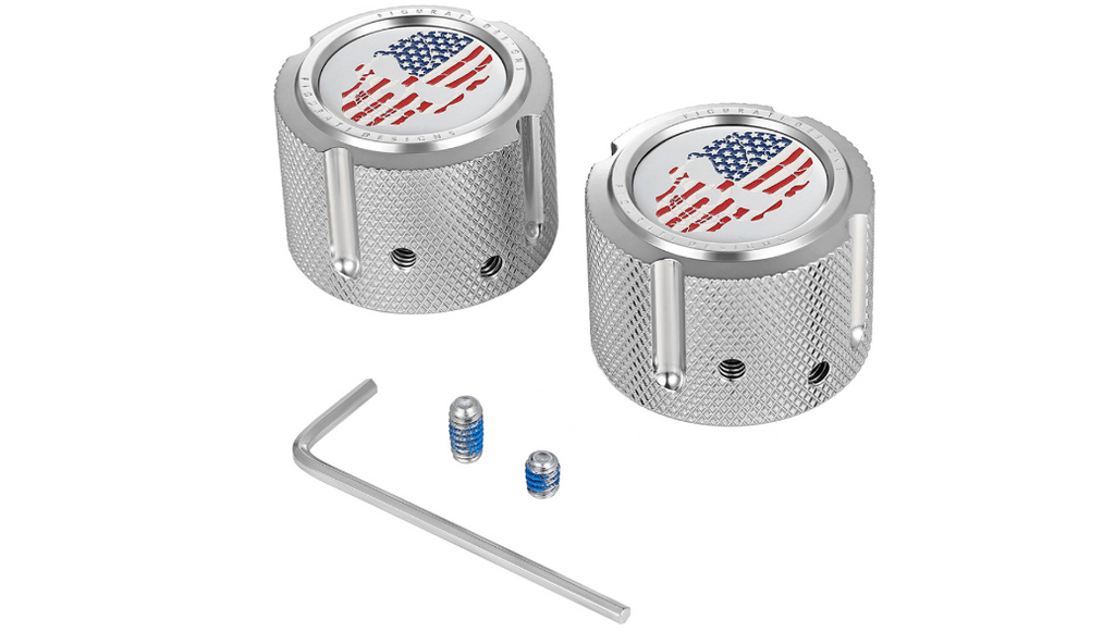 Figurati Designs Front Axle Nut Cover Stainless Steel Red/White/Blue Skull Pair Set Harley 25mm