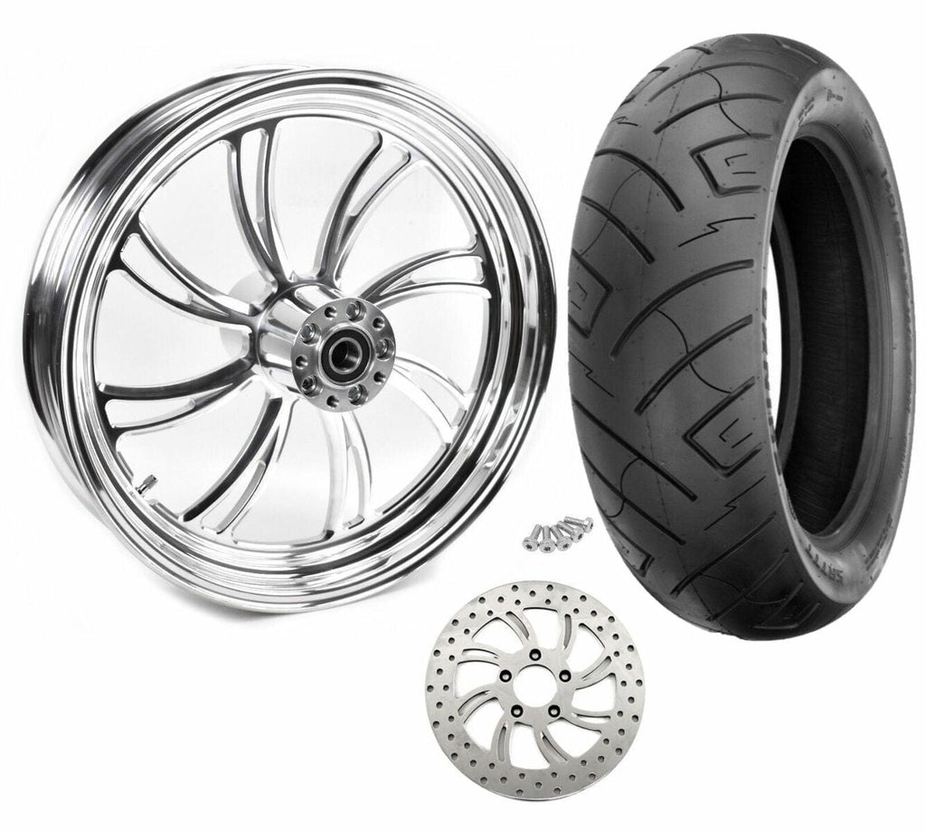 Ultima Polished Billet Vortex 18 x 5.5 Rear Wheel Rim Tire Rotor Package Harley Custom