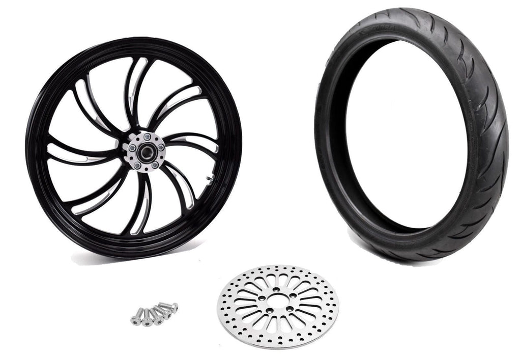 Ultima Wheels & Rims Black Vortex 21" 3.5" Billet Front Wheel Rim BW Tire Package Harley SD 84-07