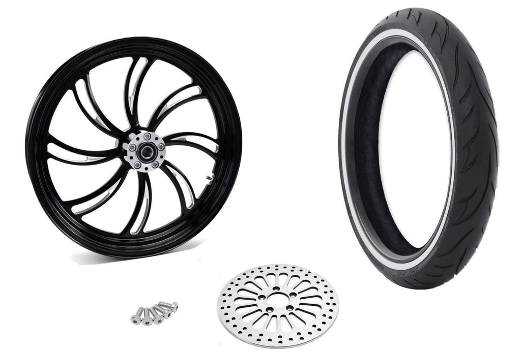 Ultima Wheels & Rims Black Vortex 21" 3.5" Billet Front Wheel Rim WWW Tire Package Harley SD 84-07