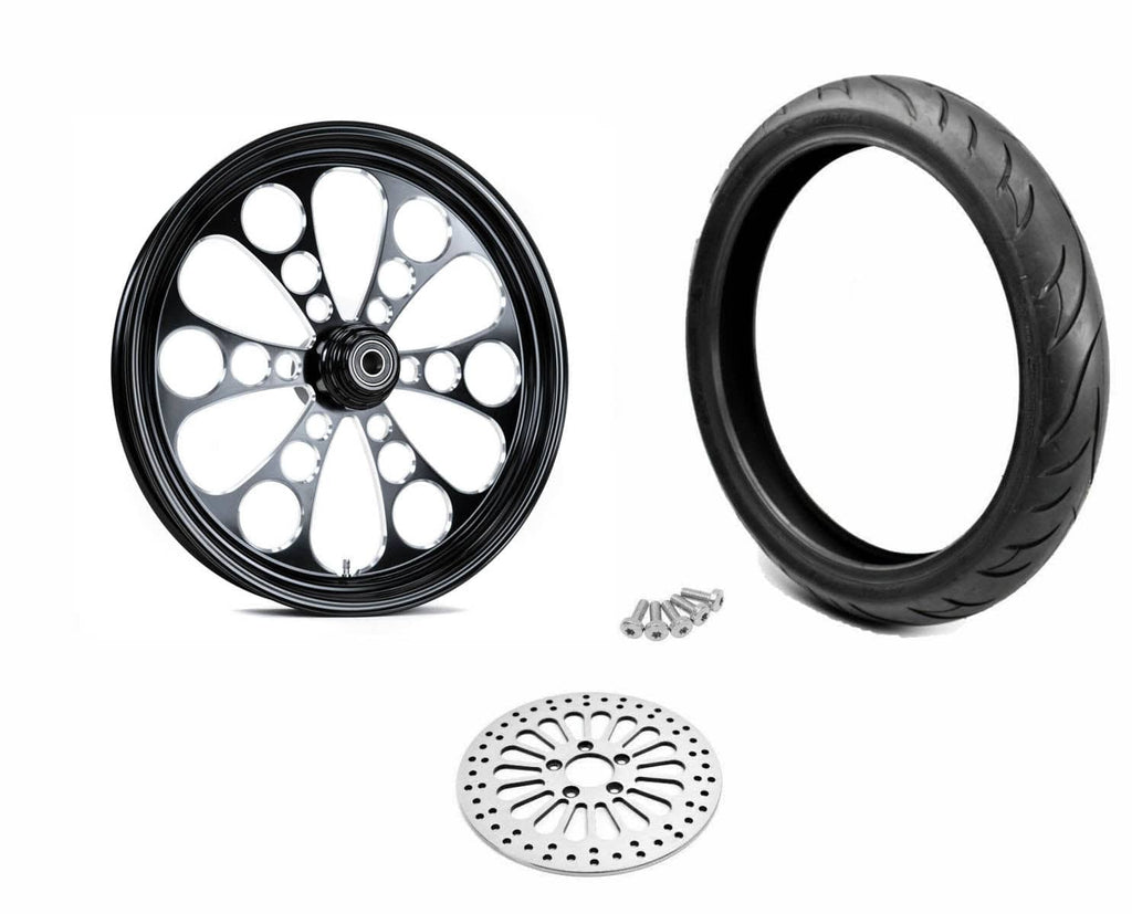 Ultima Wheels & Tire Packages Black Kool Kat 21 3.5 Billet Mag Front Wheel Rim BW Tire Package Harley Single