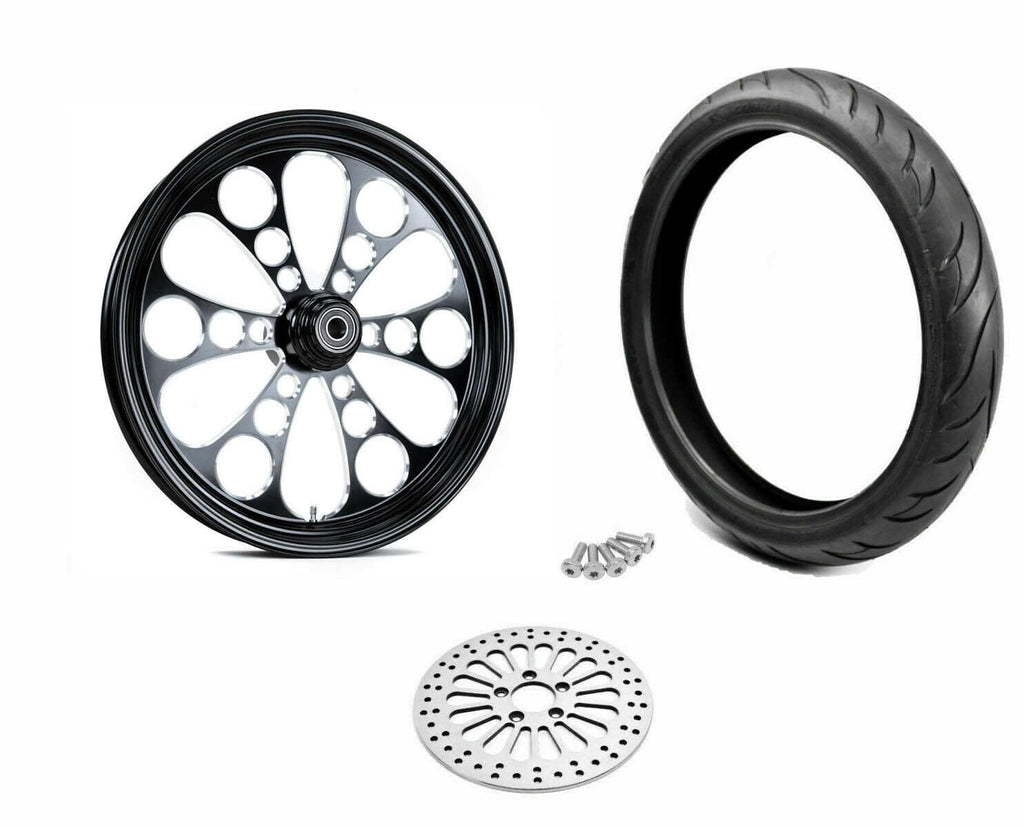 Ultima Wheels & Tire Packages Black Kool Kat 21 x 3.5 Single Disc Billet Mag Wheel Tire Package BW Harley 08+