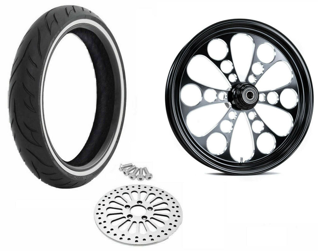 Ultima Wheels & Tire Packages Black Kool Kat 21 x 3.5 Single Disc Billet Mag Wheel Tire Package WW Harley 08+