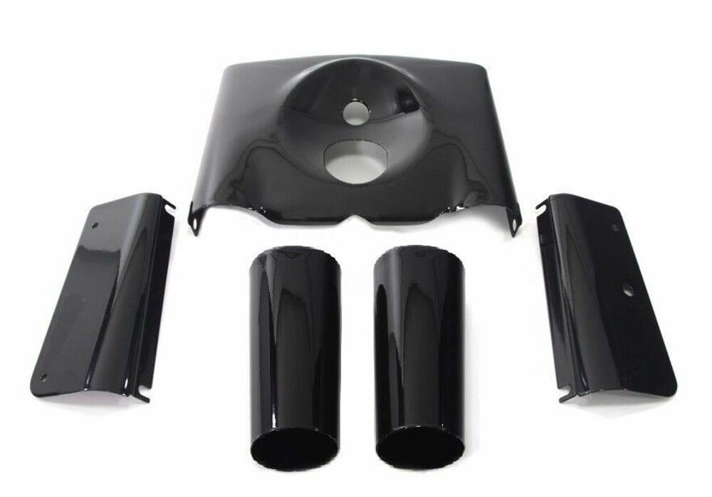 V-Twin Manufacturing Gloss Black Front Fork Tin Slider Side Covers Kit Heritage Fatboy Harley Softail